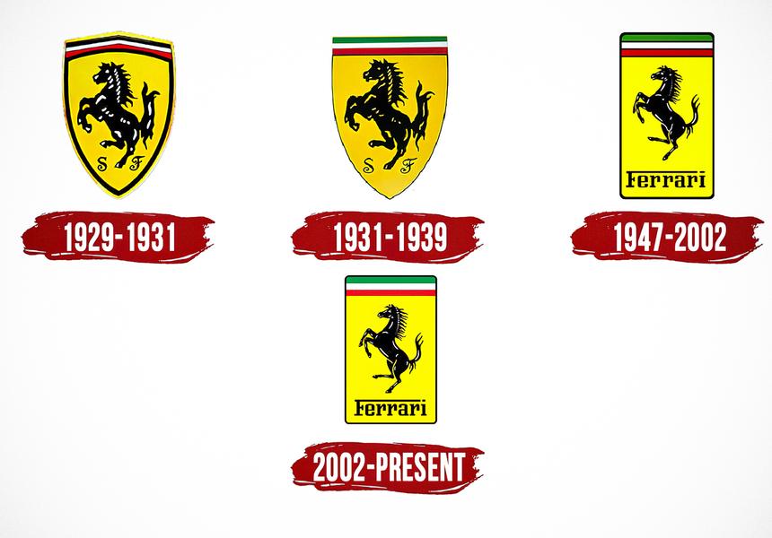 Логотип Scuderia Ferrari эволюционировал со временем. Прямоугольный вариант эмблемы, созданный в 1947 году, предназначен для дорожных моделей марки Ferrari. Гоночные несут и изображение вставшего на дыбы жеребца на геральдическом щите