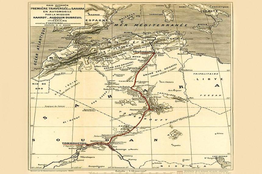 Пересечение Сахары, 17 декабря 1922 г. — 7 марта 1923 г. Пилотный рейд протяженностью 3 200 км проводился по замкнутому маршруту Туггурт-Томбукту-Тоггурт с севера на юг Сахары и обратно. В экспедиции участвовали 5 вездеходов Citroen К1. Интересно, что Андре Ситроен предполагал использовать разведанный маршрут для организации туристических поездок VIP-персон.